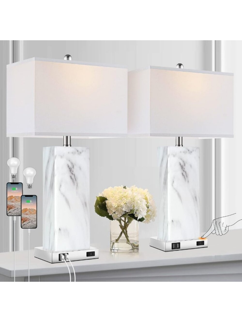 Modern Touch Control Table Lamps Set of 2, USB Ports & AC Outlet, Dimmable